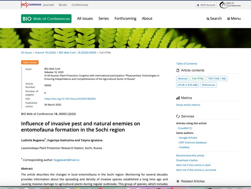 Influence of invasive pest and natural enemies on entomofauna formation in the sochi region